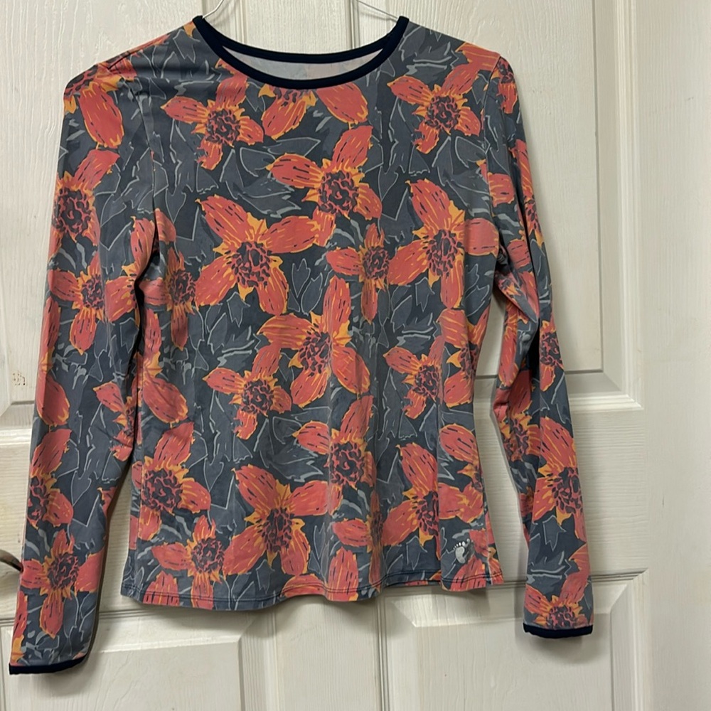 Hang Ten Women’s Swim Top Floral Gray and Red Long-Sleeve Athletic Top M